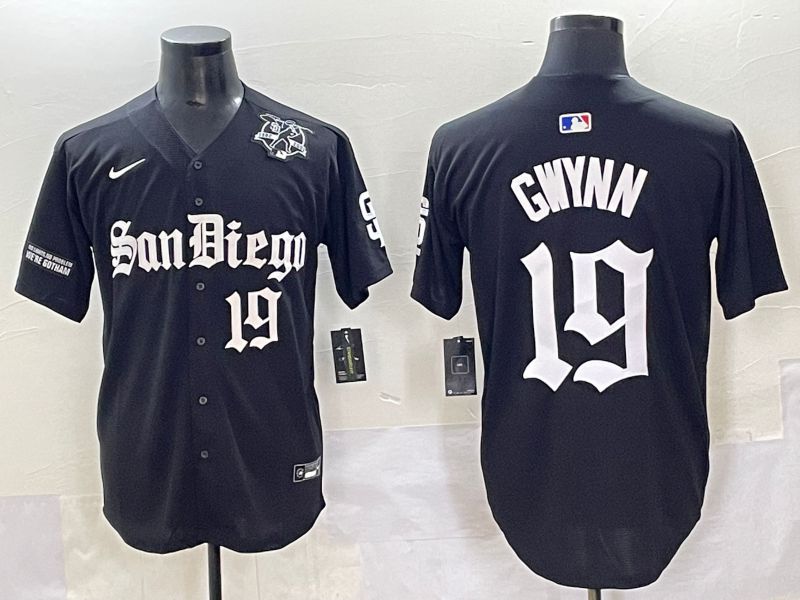 Men 2025 San Diego Padres #19 Gwynn Black Five generations Joint Name Nike MLB Jersey style 13